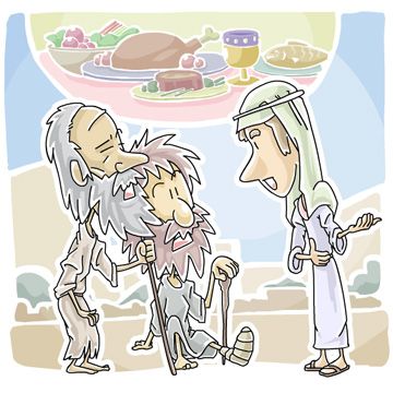 Elderly man and boy with staffs approach a robed figure, with feast imagery above them-illustration of biblical parable.