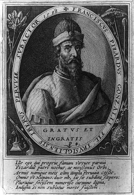 Engraved portrait of Francisco Pizarro, 16th-century Spanish conquistador, in oval frame with Latin inscriptions and heraldic motifs.