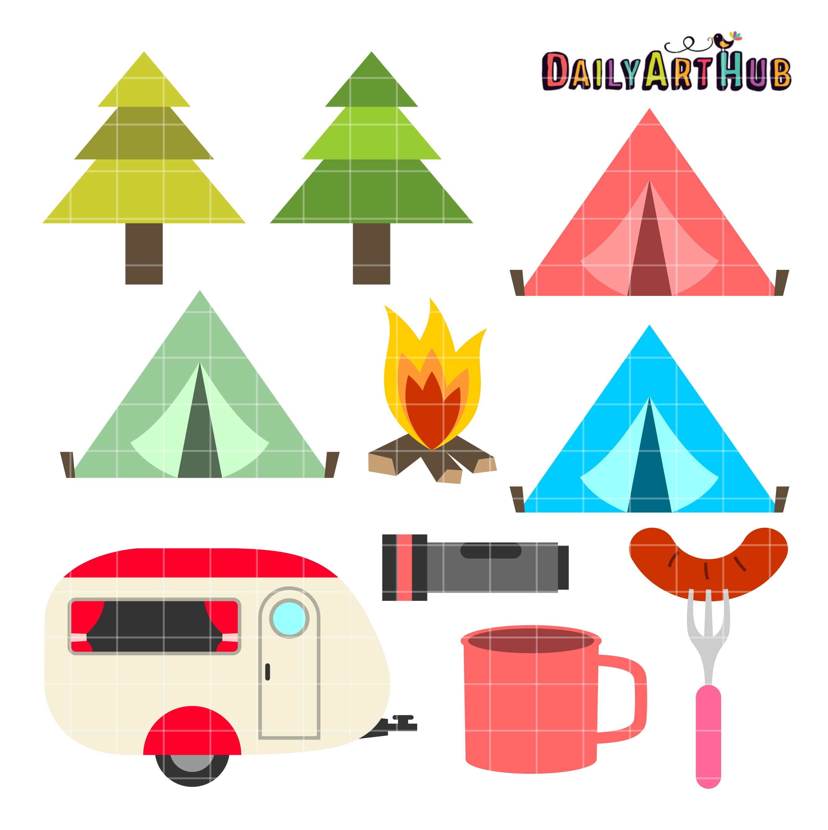 Camping clipart set with tents, trees, campfire, trailer, mug, flashlight, sausage, and fork in flat design style.