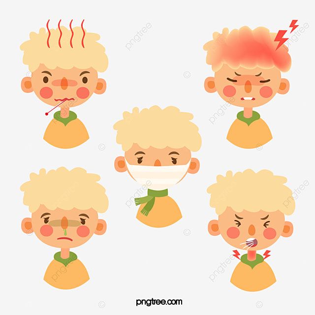 Six cartoon illustrations of a boy showing common cold and flu symptoms: fever, headache, sore throat, runny nose, cough, and masked protection.