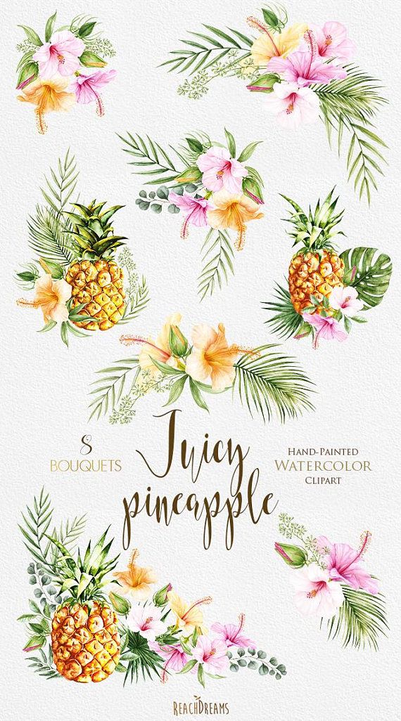 Hand-painted watercolor clipart of 8 tropical bouquets featuring pineapples, hibiscus, and palm leaves on textured paper.
