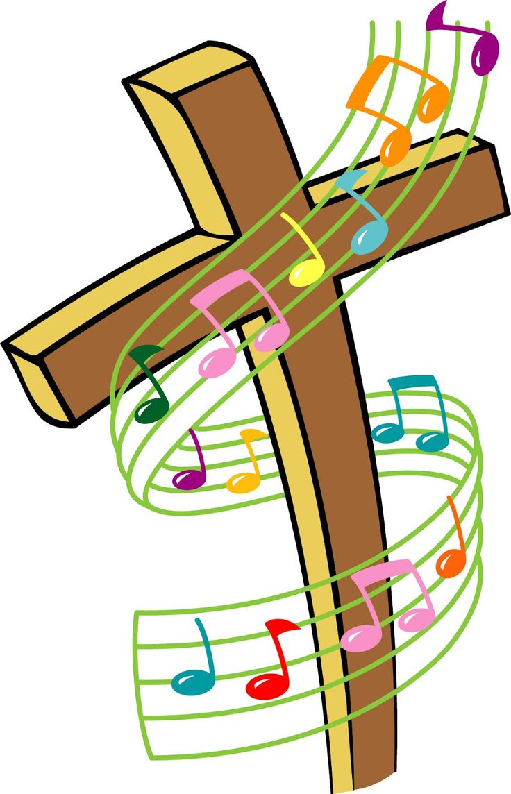 Wooden cross with colorful musical notes swirling around it on green staff lines, symbolizing Christian worship music.
