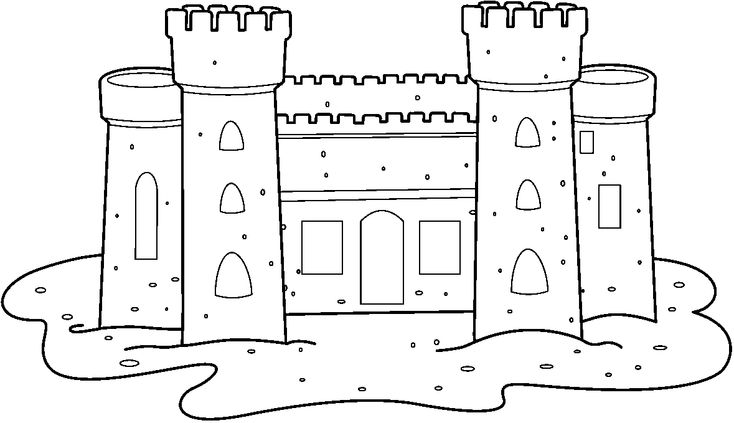 Black-and-white line drawing of a sandcastle with four towers, arched windows, and moat-like base.