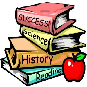 Stack of colorful books labeled Success, Science, History, Reading with a red apple beside them.