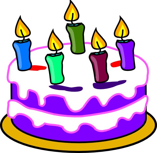 Purple birthday cake with white frosting and five colorful lit candles.