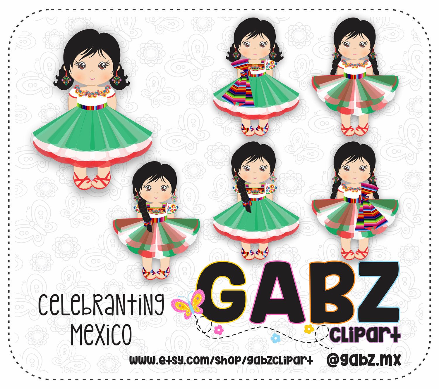 Six illustrated Mexican doll characters in colorful traditional dresses, celebrating Mexican culture and folkloric dance attire.