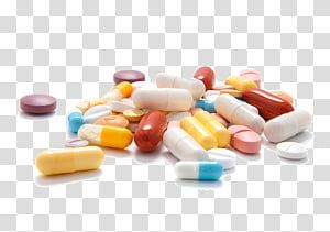 A scattered assortment of colorful pills, tablets, and capsules on a transparent background.