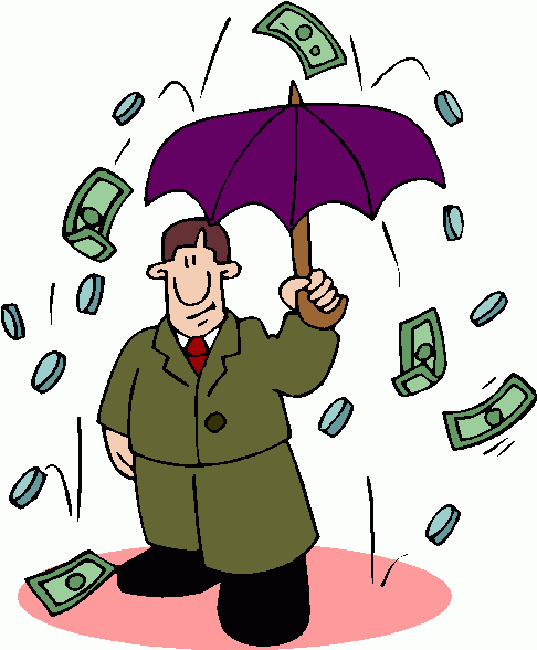 Businessman holding purple umbrella as money rains down around him, symbolizing financial protection or windfall.