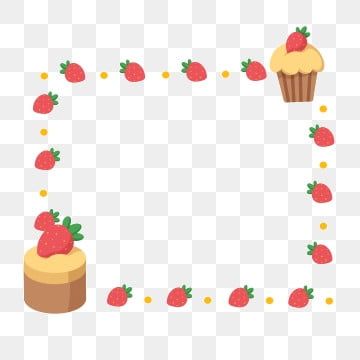 Cute strawberry and cupcake border frame with yellow dots on transparent background.