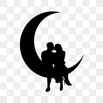 Silhouette of a romantic couple sitting and kissing on a crescent moon against a transparent background.