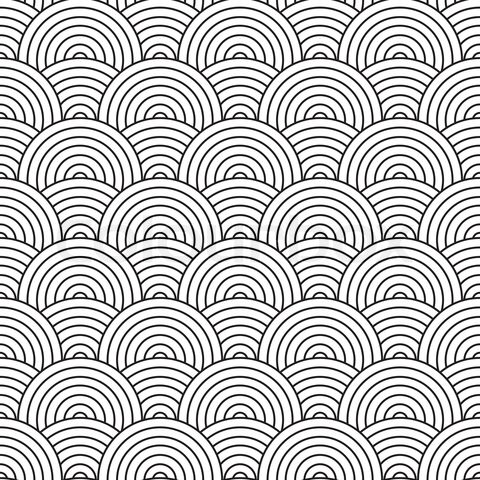 Black and white seamless pattern of overlapping concentric arcs resembling ocean waves or scallop shells.