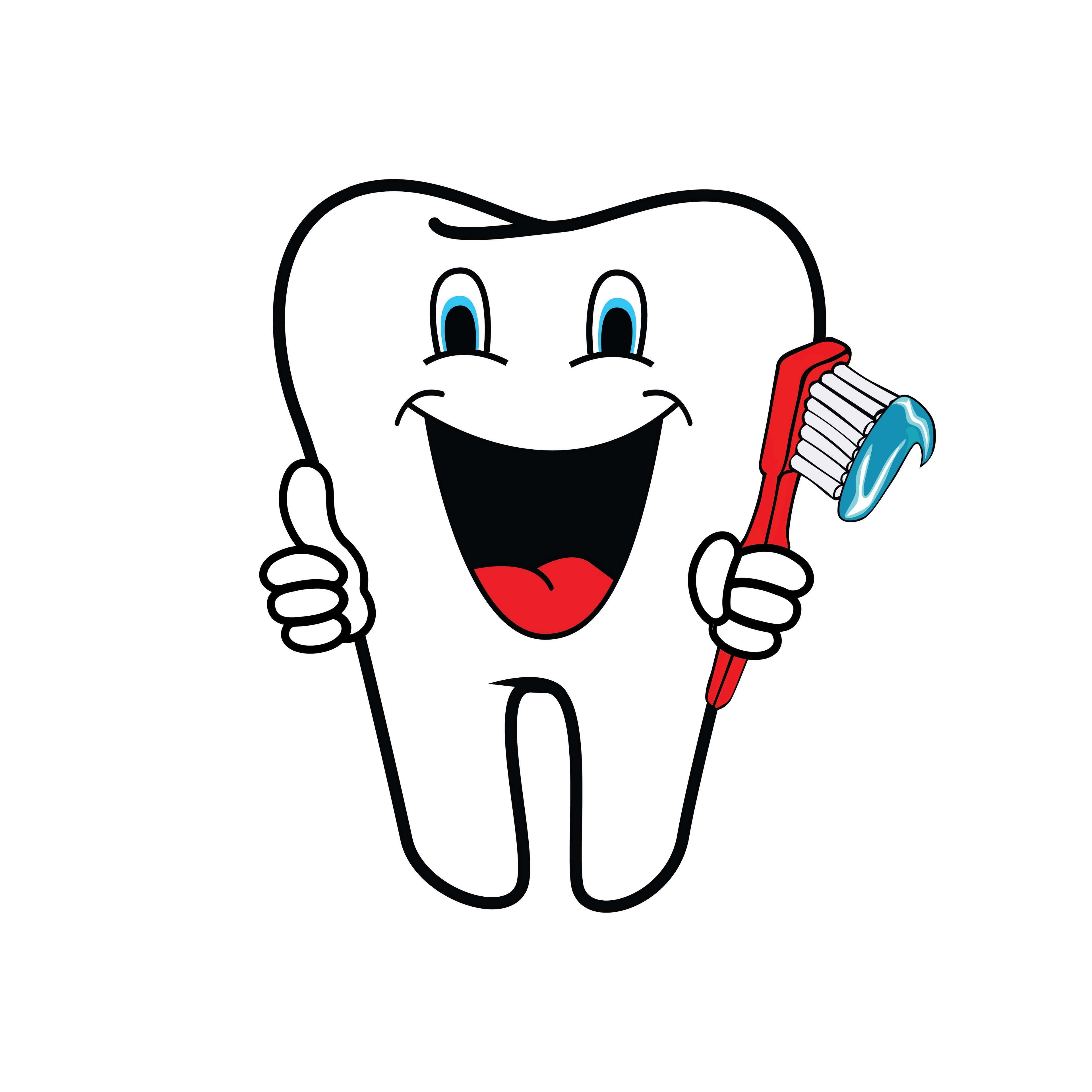 Smiling cartoon tooth holding a red toothbrush with blue toothpaste, giving a thumbs-up.