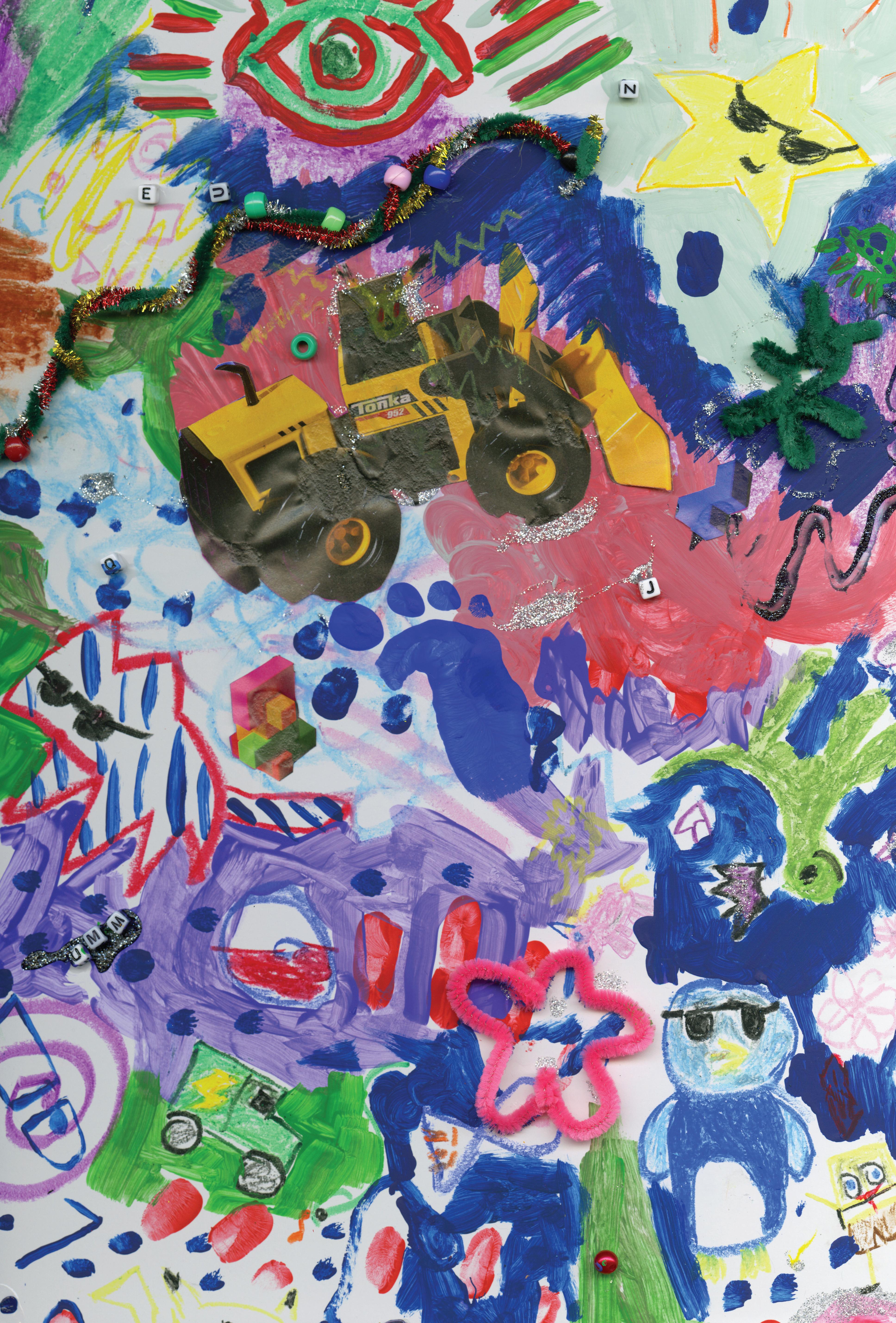 Vibrant child’s mixed-media artwork with paint, toy truck, beads, pipe cleaners, and glitter on paper.