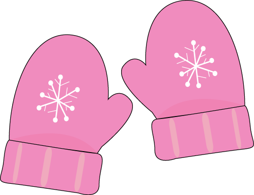 Pink winter mittens with white snowflake designs and striped cuffs on a black background.