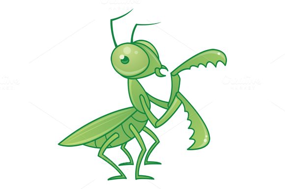 Friendly cartoon green praying mantis with raised forelegs and large eyes, posed in a welcoming stance.