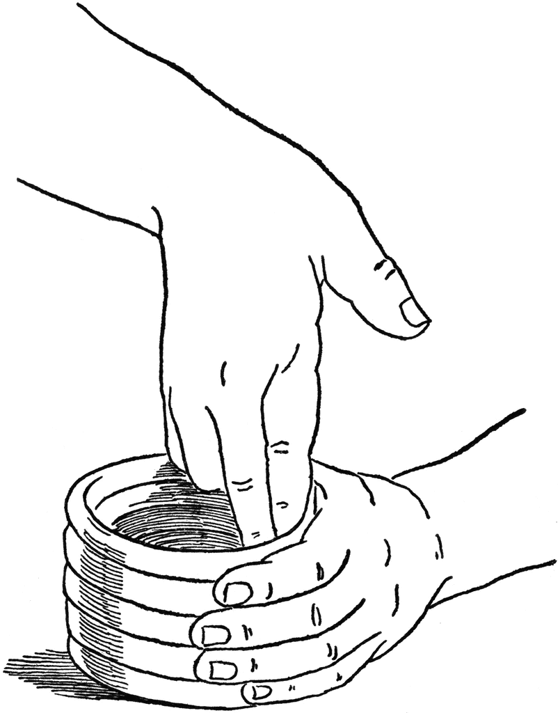 A black-and-white line drawing showing two hands shaping wet clay on a potter’s wheel to form a vessel.