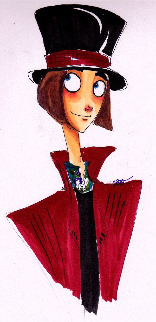 Stylized cartoon character with wide blue eyes, black top hat with red band, and dramatic red coat over black tie.