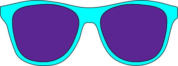 Bright cyan-framed sunglasses with deep purple lenses, cartoon-style illustration.