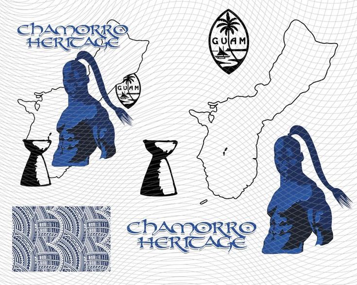 Chamorro Heritage design featuring Guam map outlines, warrior silhouettes, traditional latte stones, and cultural motifs in blue and black.