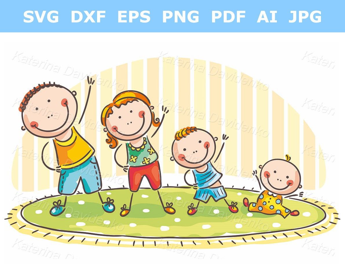 Happy cartoon family of four playing on a green rug-father, mother, son, and baby-with cheerful expressions and colorful clothes.