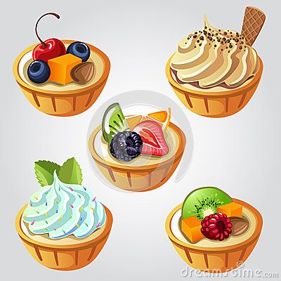 Five colorful fruit and cream tartlets in waffle cups, garnished with berries, kiwi, mint, and chocolate.
