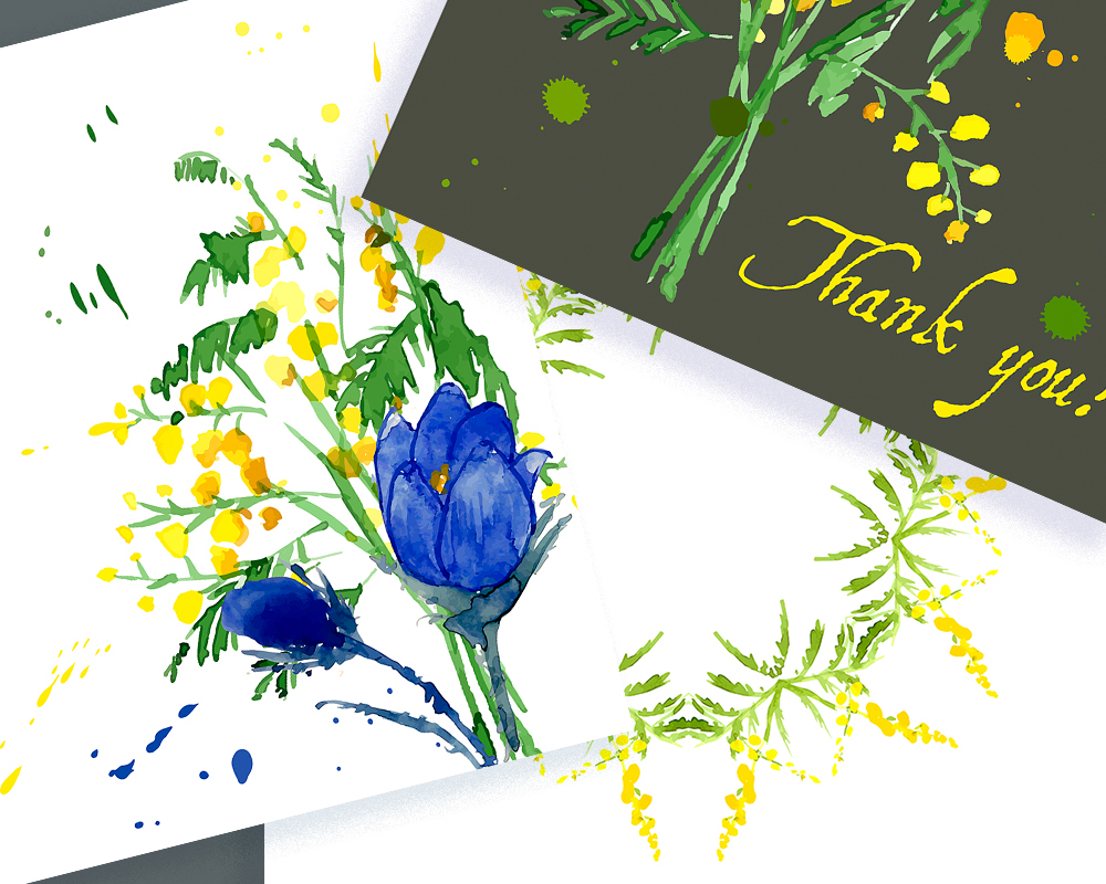 Watercolor illustration of blue crocus and yellow wildflowers with a "Thank you!" card on olive green background.