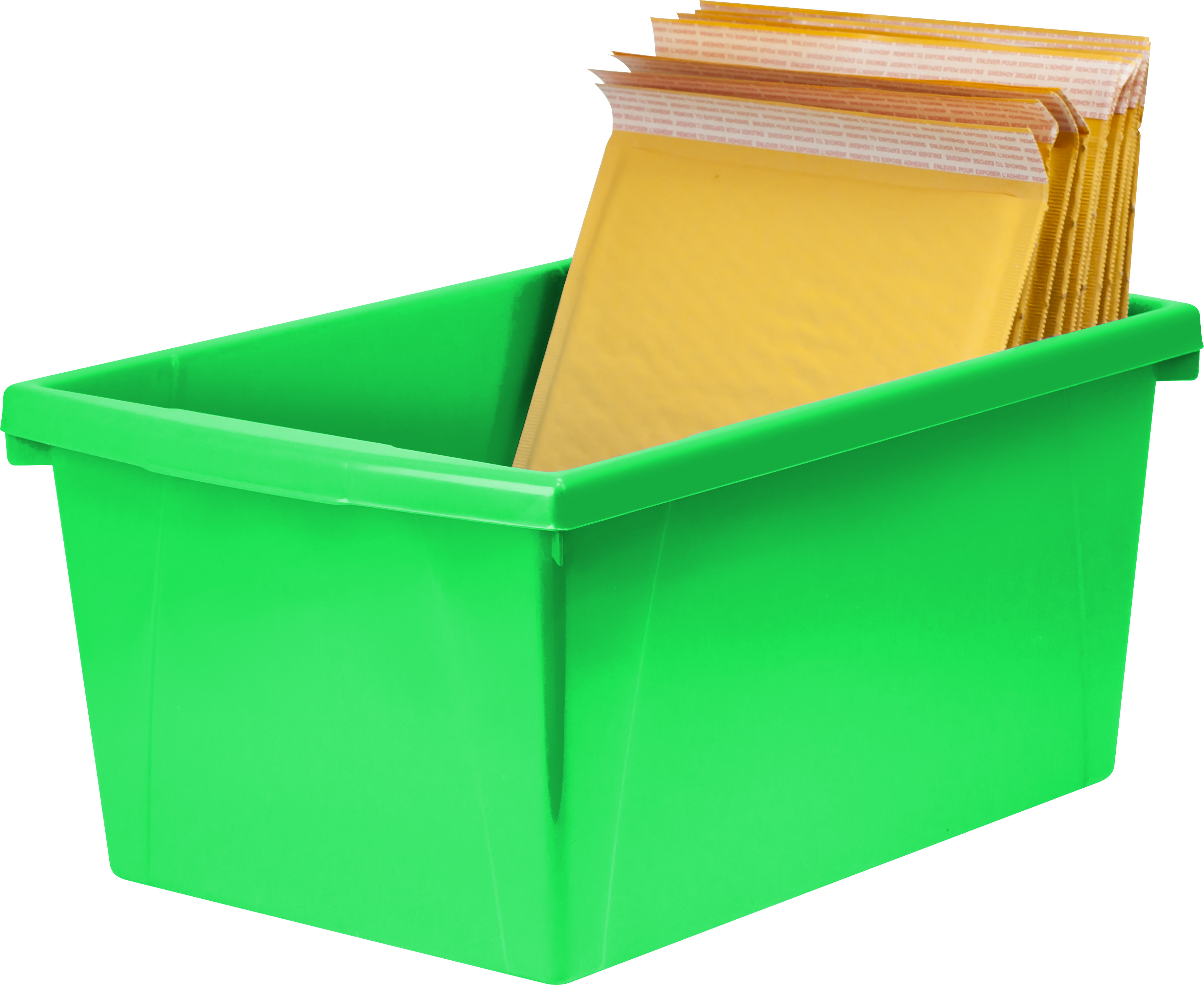 Bright green plastic storage bin filled with yellow padded mailers, ready for shipping or organization.