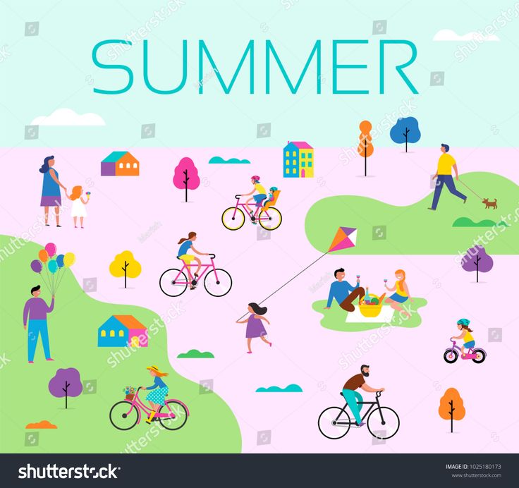 Colorful summer park scene with families biking, flying kites, picnicking, and enjoying outdoor activities under a sunny sky.