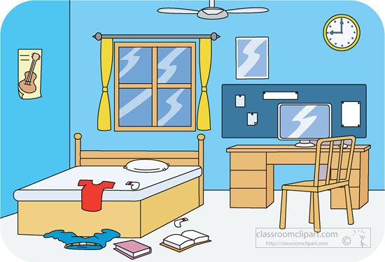 A colorful cartoon bedroom with a bed, desk, window, clock, guitar poster, and scattered clothes and books.