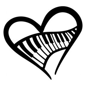 A black-and-white heart-shaped outline containing piano keys, symbolizing love for music.