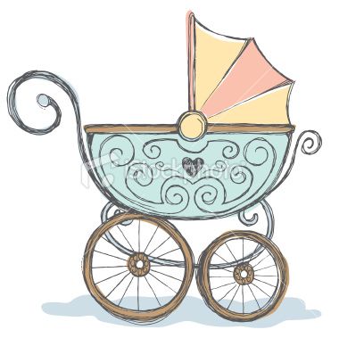 Vintage-style baby carriage with ornate teal body, wooden wheels, and pastel canopy.