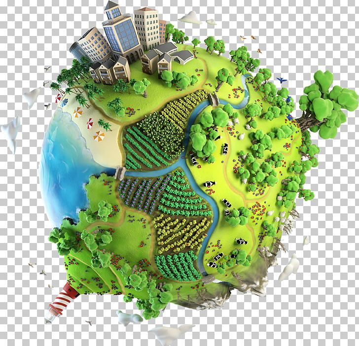 A stylized 3D miniature Earth showing cities, farms, forests, rivers, and a lighthouse, symbolizing sustainable development.