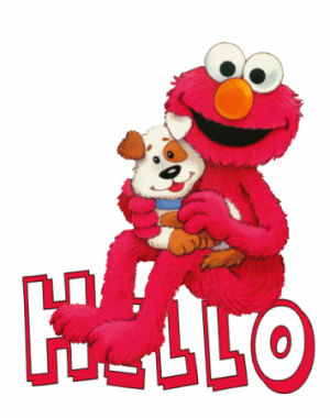 Elmo holding a smiling puppy with "HELLO" text below, cheerful Sesame Street illustration.