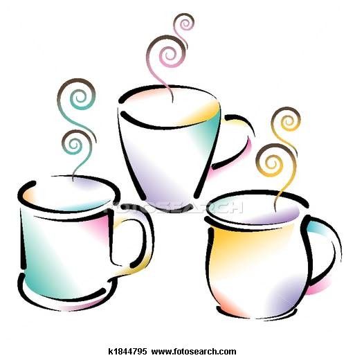 Three colorful steaming mugs of hot beverages arranged in a cozy cluster, illustrated in soft pastel watercolor style.