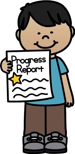 Smiling cartoon boy holding a "Progress Report" with a star and wavy lines.