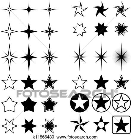 Collection of black and white star icons in various styles including outlined, solid, gradient, and decorative variants.