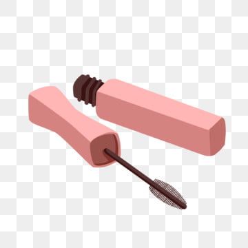Pink mascara tube with wand applicator, cap removed, on transparent background