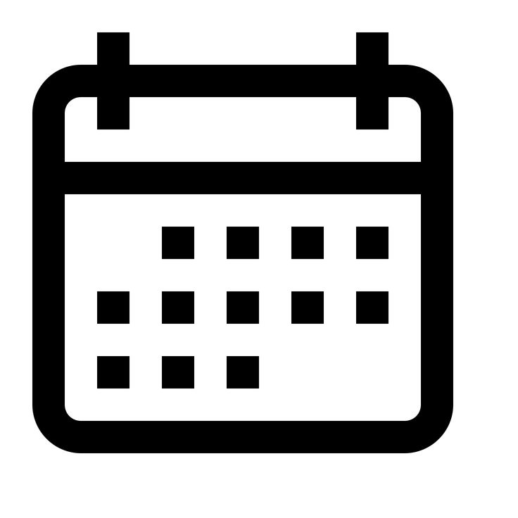 Black-and-white calendar icon with grid of date squares and top binding tabs.
