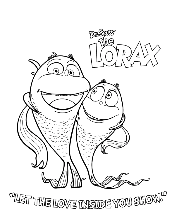 Two smiling Lorax characters from Dr. Seuss with the quote "Let the love inside you show."