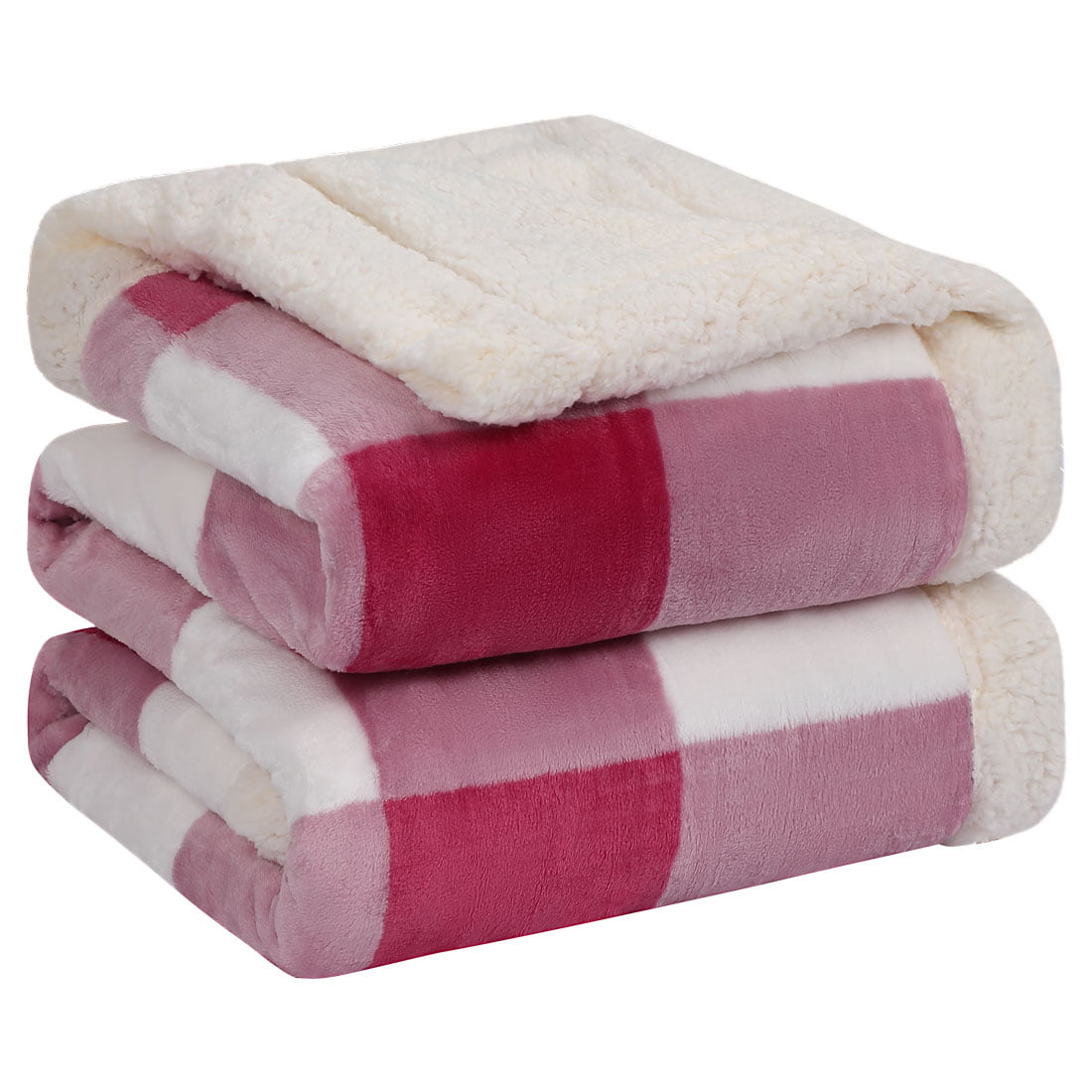 Two folded pink and white checkered fleece blankets with cream sherpa backing, stacked neatly on white background.