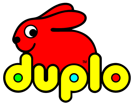 Red DUPLO rabbit logo with bold yellow text and colorful dots, representing LEGO’s preschool building system.