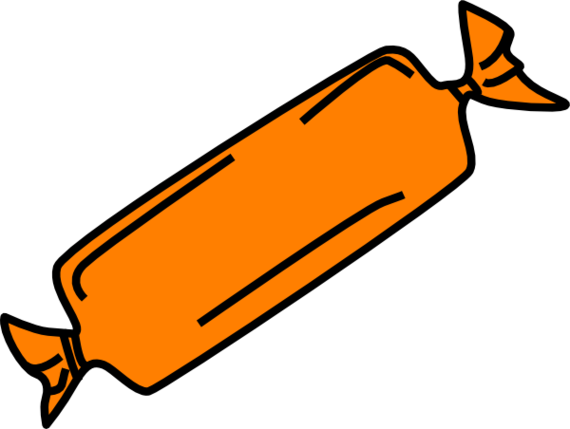 Bright orange wrapped candy with twisted ends, isolated on black background.