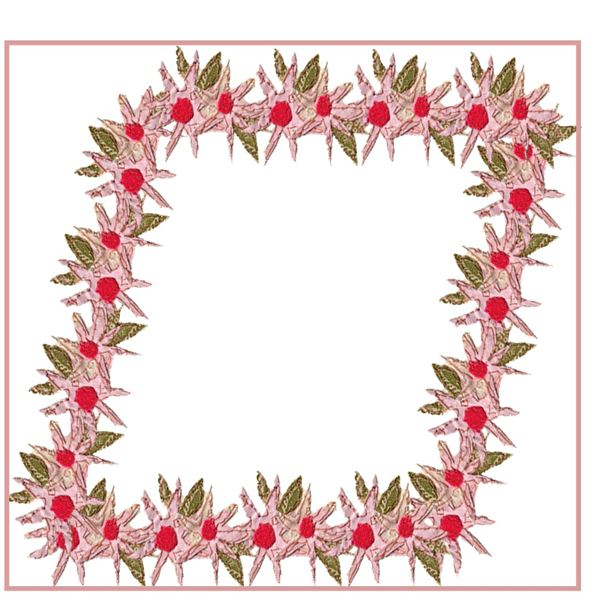 Decorative floral border frame with pink blossoms, green leaves, and red centers forming a square on white background.
