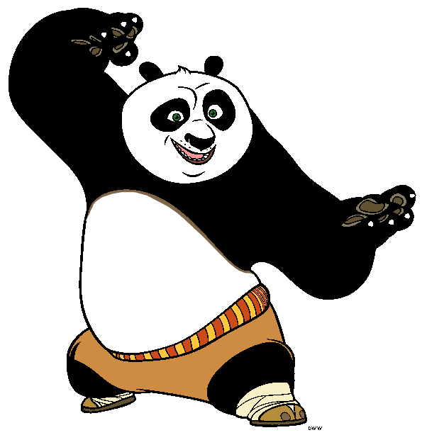 Po the panda from Kung Fu Panda in a dynamic martial arts pose, smiling with raised arms and traditional attire.