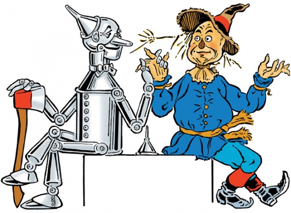 Tin Man and Scarecrow from The Wizard of Oz sitting at a table, with sparks flying as the Tin Man gestures animatedly.