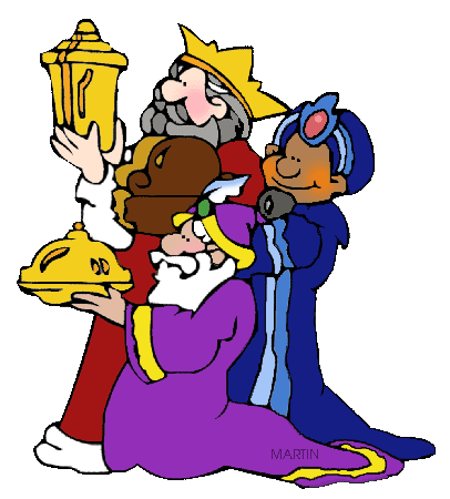 Three wise men presenting gifts-gold, frankincense, and myrrh-in a colorful cartoon illustration.