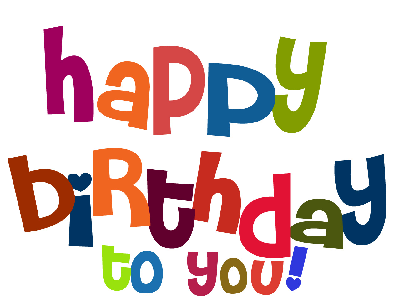 Colorful "Happy Birthday to You!" text graphic with playful multicolored letters and heart accents.