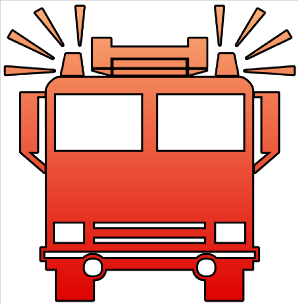 Front view of a red cartoon fire truck with flashing siren lights and motion lines indicating urgency.