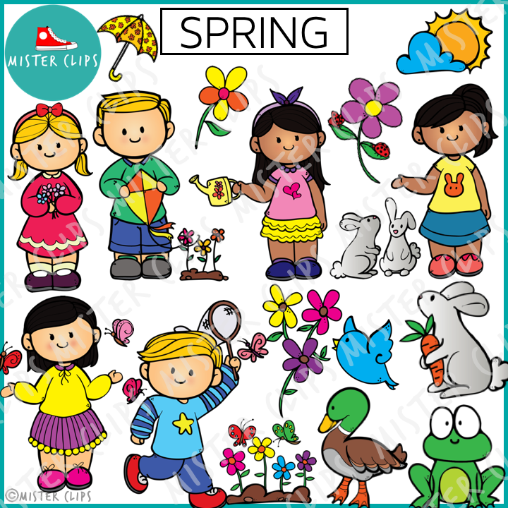 Spring-themed clipart featuring diverse children, flowers, bunnies, birds, frogs, and seasonal items like umbrellas, kites, and watering cans.