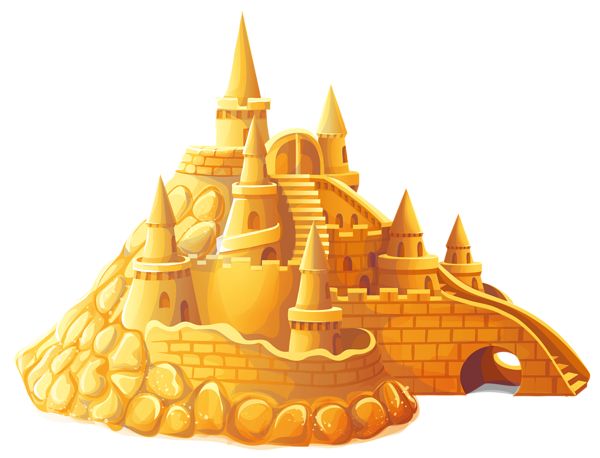A vibrant, cartoon-style golden sandcastle with multiple turrets, archways, and stone-textured walls on a white background.